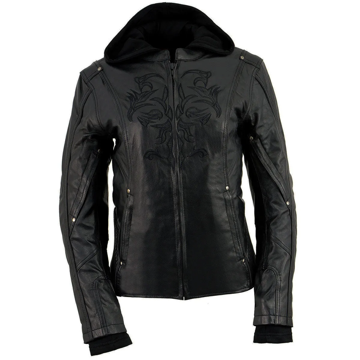 BLACK ML2066 Women's 3/4 Black Leather Hoodie Jacket with Reflective Tribal Design