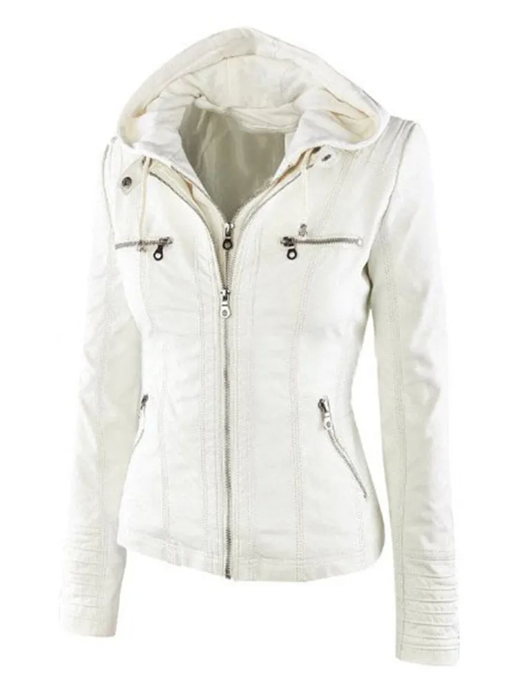 Casual Zipper Hooded Women PU Leather Jackets