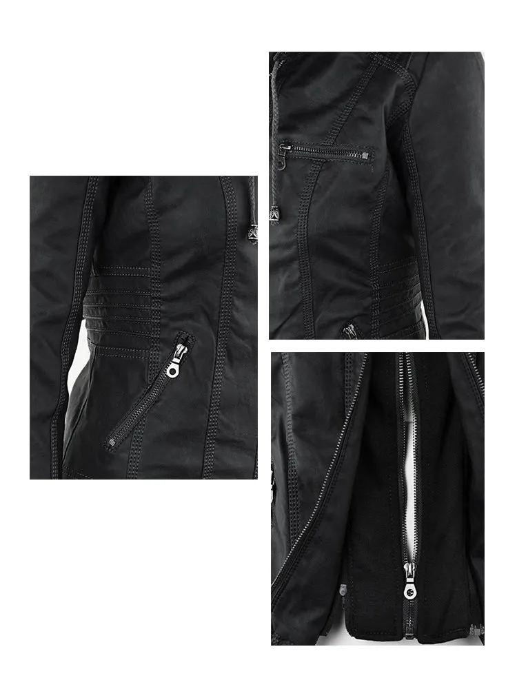 Casual Zipper Hooded Women PU Leather Jackets
