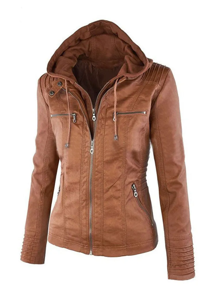 Casual Zipper Hooded Women PU Leather Jackets