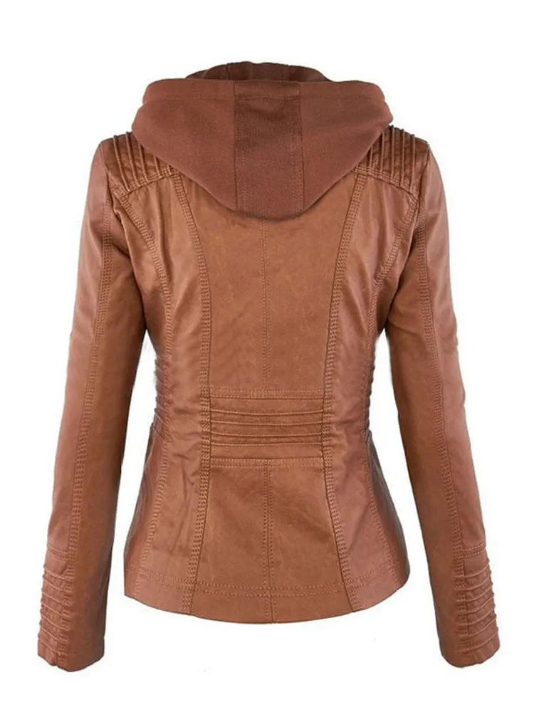 Casual Zipper Hooded Women PU Leather Jackets