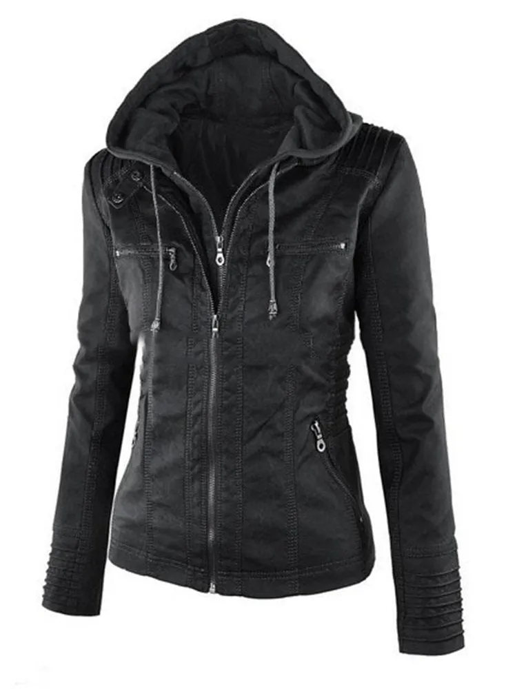 Casual Zipper Hooded Women PU Leather Jackets