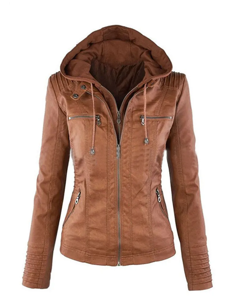 Casual Zipper Hooded Women PU Leather Jackets