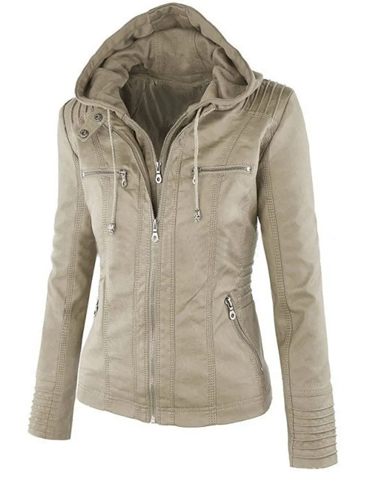 Casual Zipper Hooded Women PU Leather Jackets