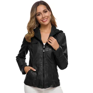Casual Zipper Hooded Women PU Leather Jackets