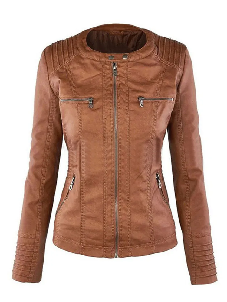 Casual Zipper Hooded Women PU Leather Jackets