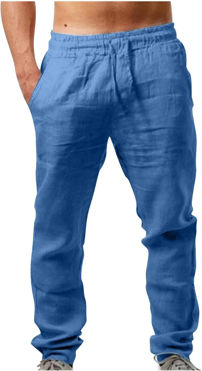 Hiking Pants Men,Man's Summer Lightweight Long Work Pants Casual Comfort Fit Drawstring Trousers Mens Beach Clothes