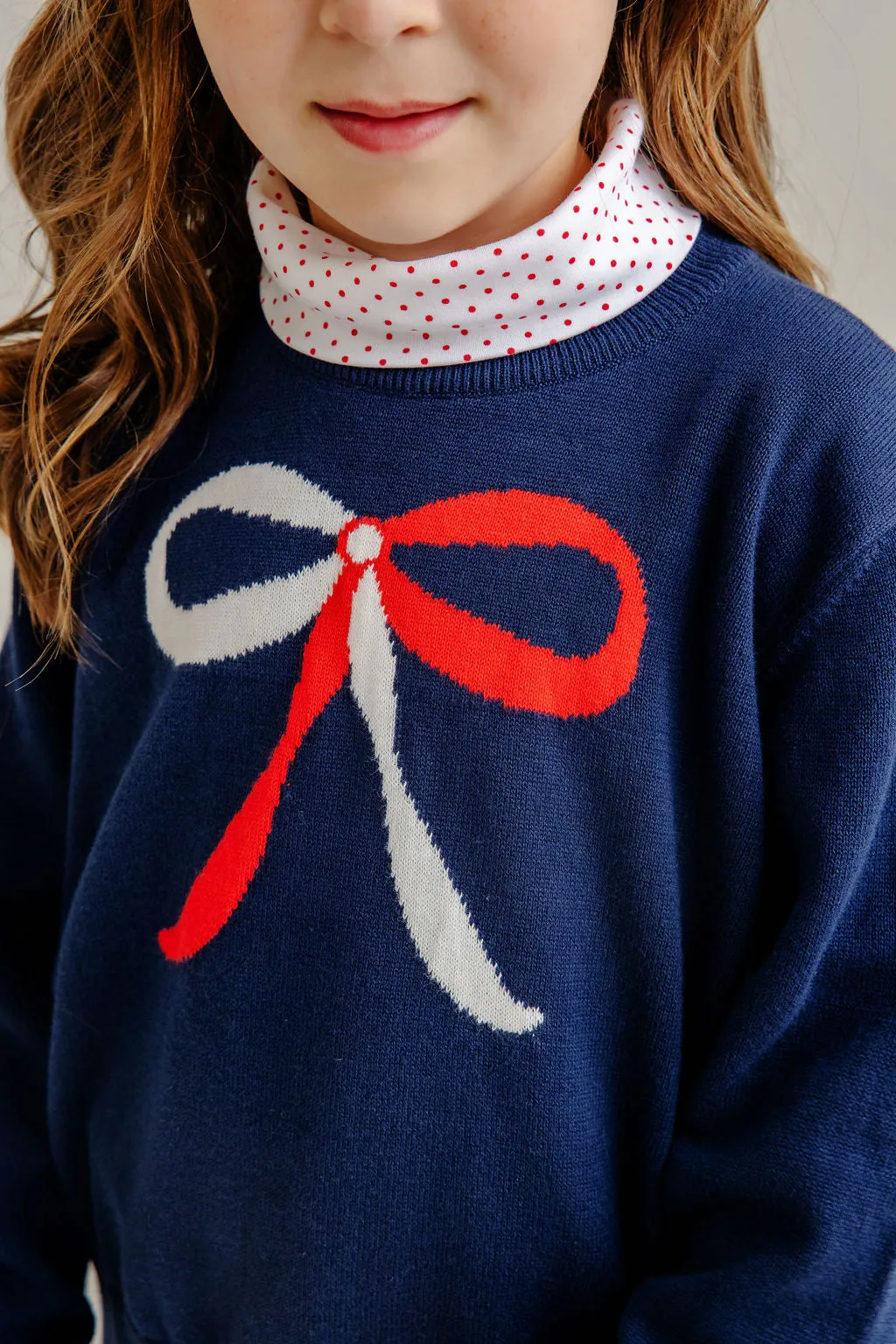 Isabelle's Intarsia Sweater - Nantucket Navy with Richmond Red & Worth Avenue White Bow Intarsia