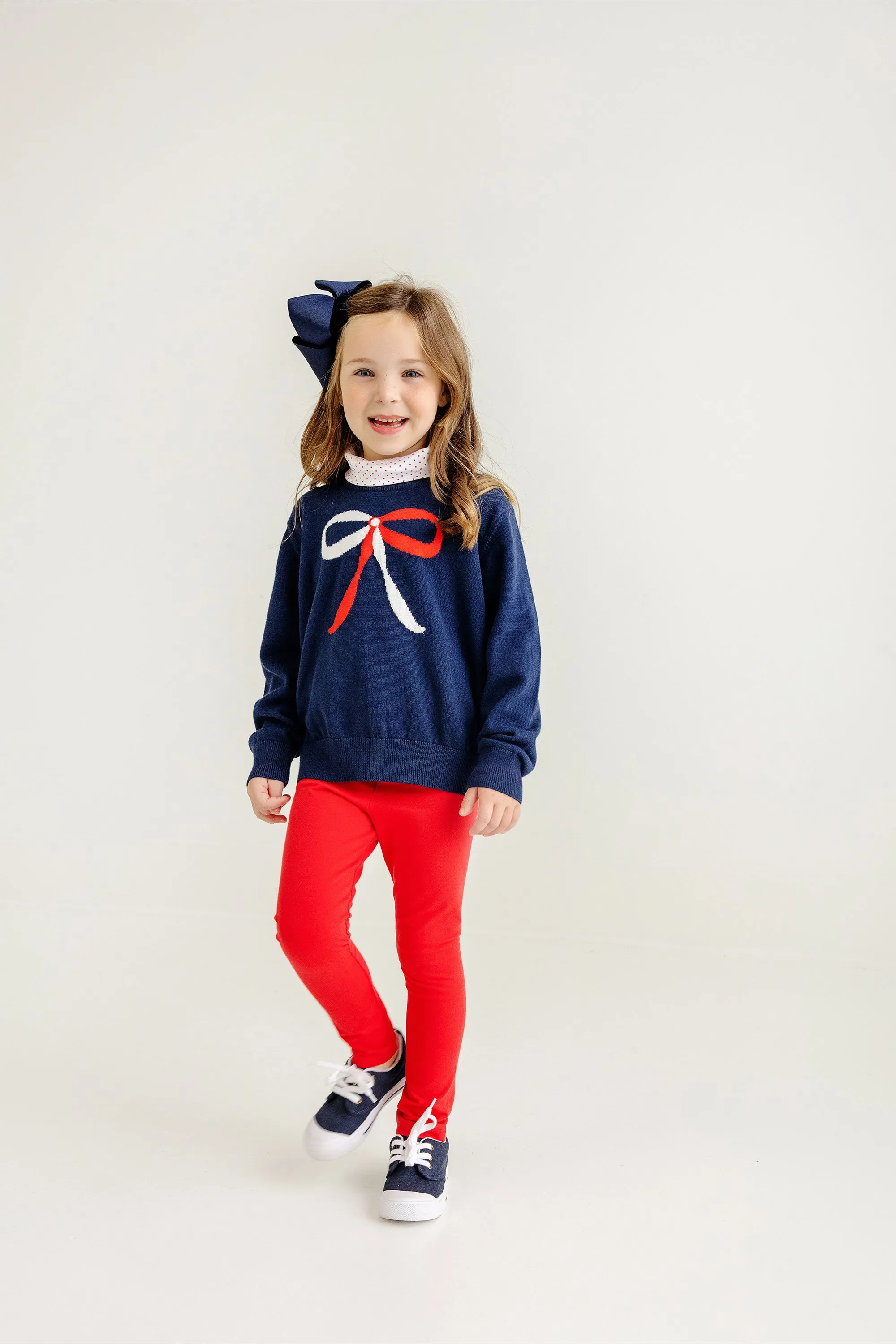 Isabelle's Intarsia Sweater - Nantucket Navy with Richmond Red & Worth Avenue White Bow Intarsia