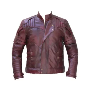 Men Burgundy Lapel Strips Military Leather Jacket
