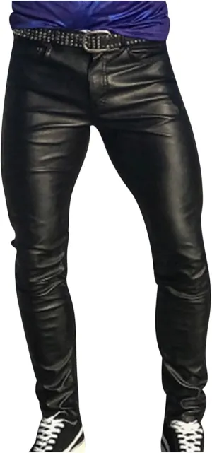 Mens Steampunk PU Pants Stretchy Biker Pants Retro Motocycle Slim Fit Trousers Stretch Biker Pants Vintage Goth Trouser