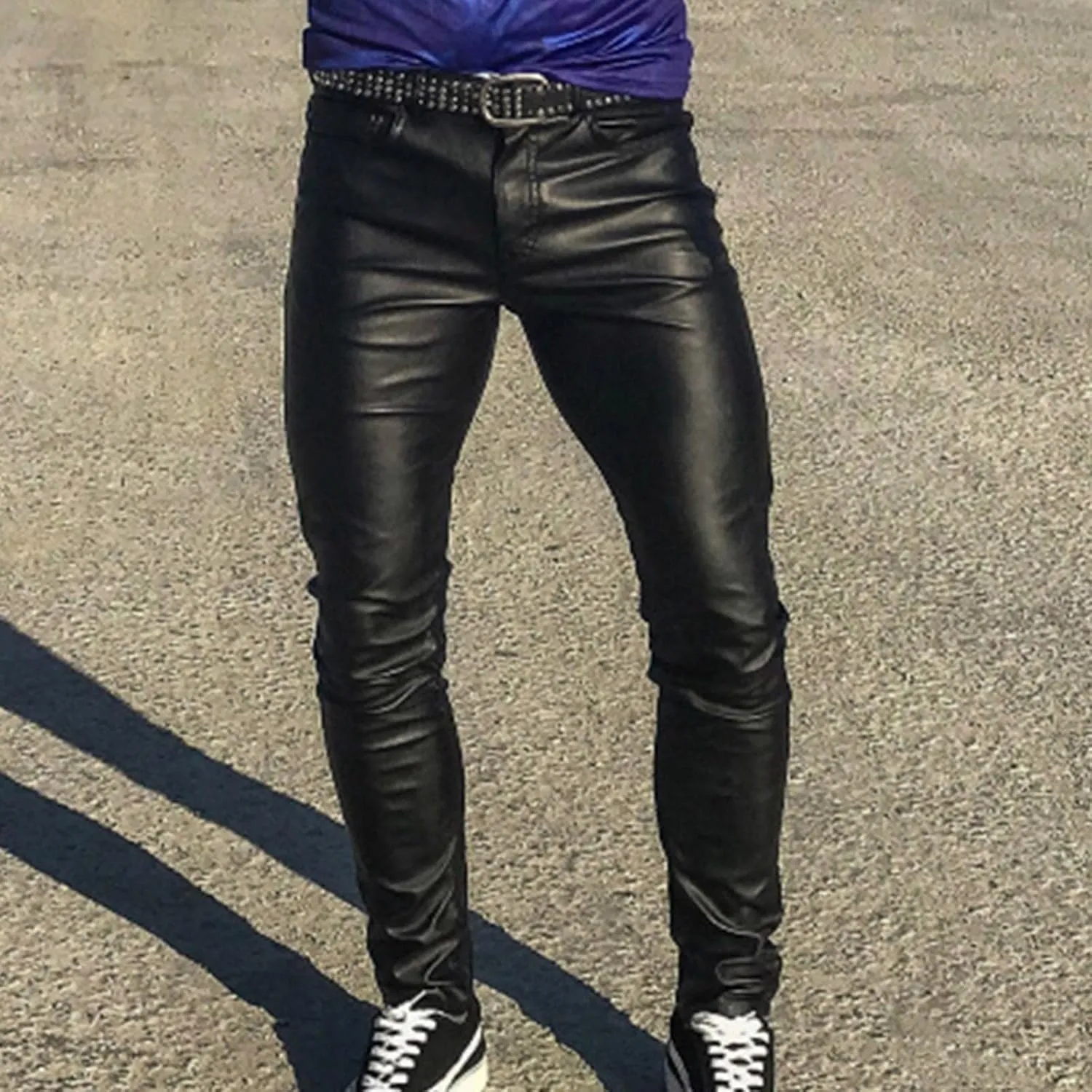 Mens Steampunk PU Pants Stretchy Biker Pants Retro Motocycle Slim Fit Trousers Stretch Biker Pants Vintage Goth Trouser