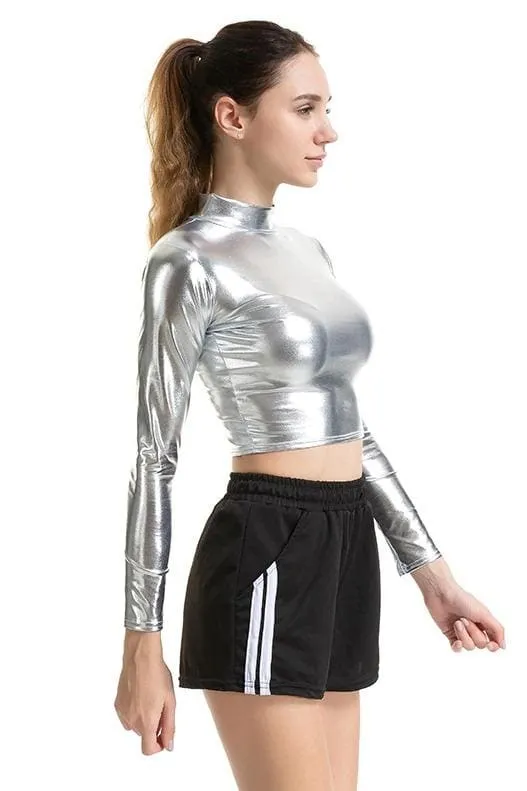 Metallic Long Sleeve Punk Rave Crop Top-Silver