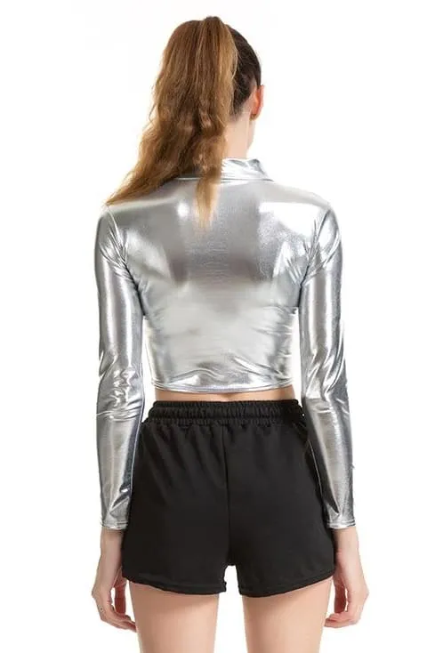 Metallic Long Sleeve Punk Rave Crop Top-Silver