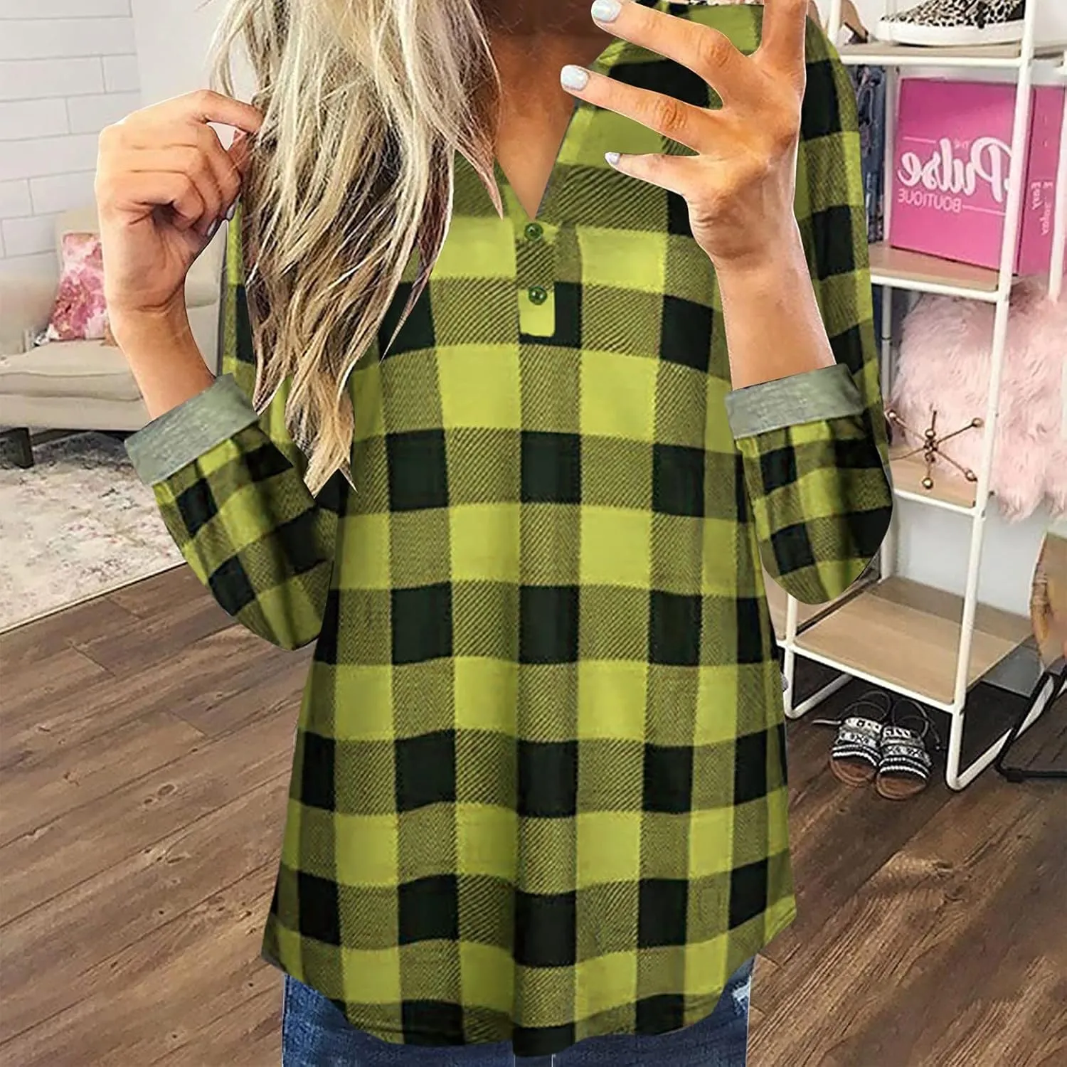 RMXEi Wearable Blanket Hoodie,Women Casual Cotton Long Sleeve Plaid Shirt Women's Slim Jacket Shirt Top