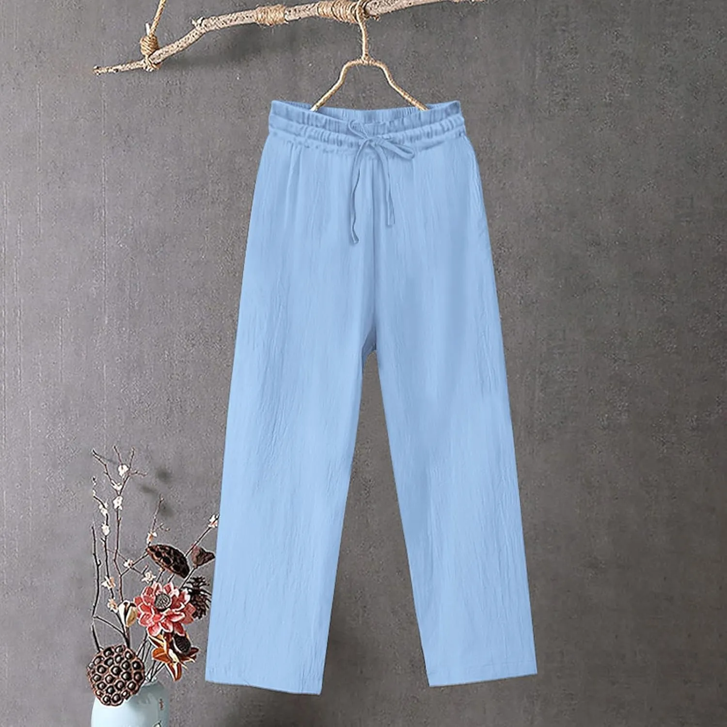 Women Linen Pants Summer Loose Fit Yoga Beach Gauze Pant Casual Lightweight Comfy Drawstring Baggy Trouser with Pocket