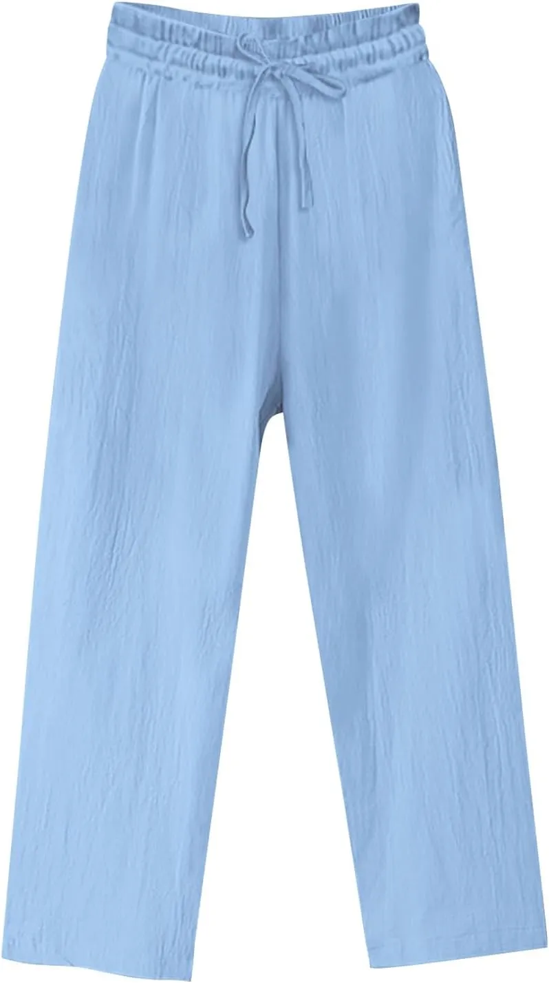 Women Linen Pants Summer Loose Fit Yoga Beach Gauze Pant Casual Lightweight Comfy Drawstring Baggy Trouser with Pocket